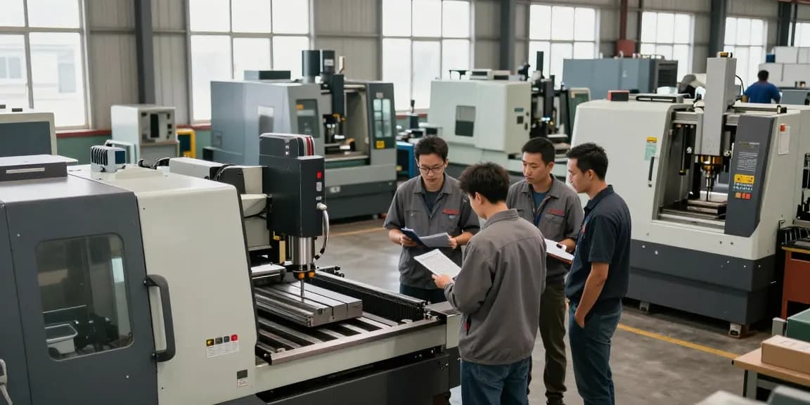 Experts evaluating Gebrauchtmaschinen in a busy warehouse showcasing CNC tools and hydraulic presses.