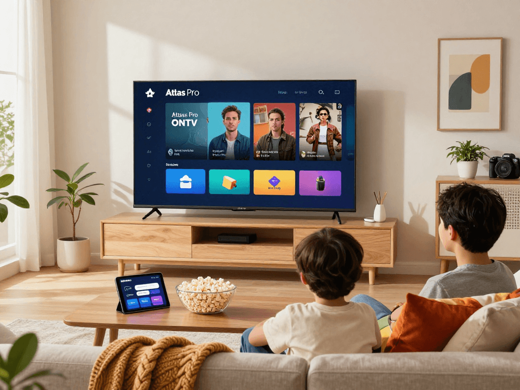 Expérience de divertissement familial avec l'application Atlas Pro sur écran de télévision.