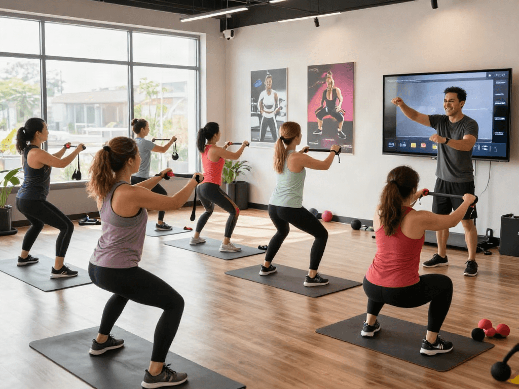Engaged fitness class following along with Iron TV instructor in a vibrant studio.