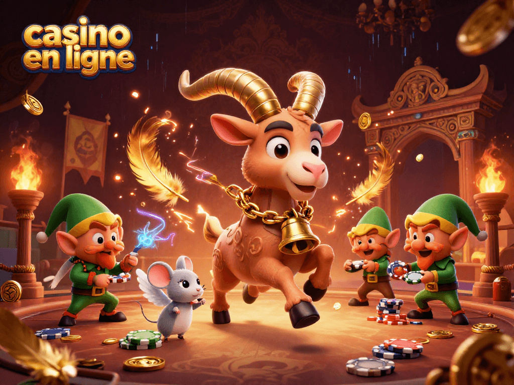 Profitez du casino en ligne avec des personnages ludiques dans une scène animée remplie d'actions.