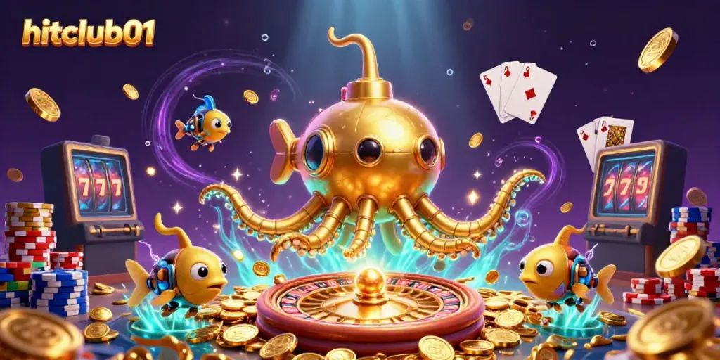 Hitclub01 showcases an engaging scene with golden kraken submarine and vibrant casino elements.