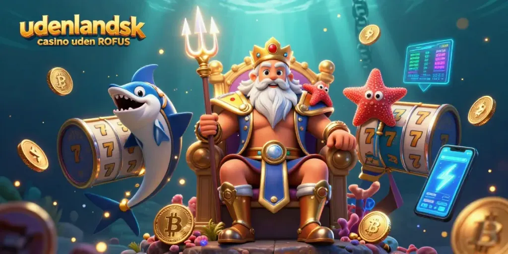 Experience the excitement of udenlandsk casino uden ROFUS with a vibrant underwater scene featuring Neptune, slot reels, and glowing crypto coins.