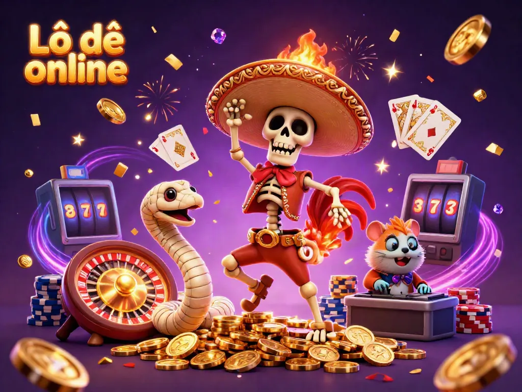Experience Lô đề online with vibrant casino characters celebrating amidst coins and festive lights.
