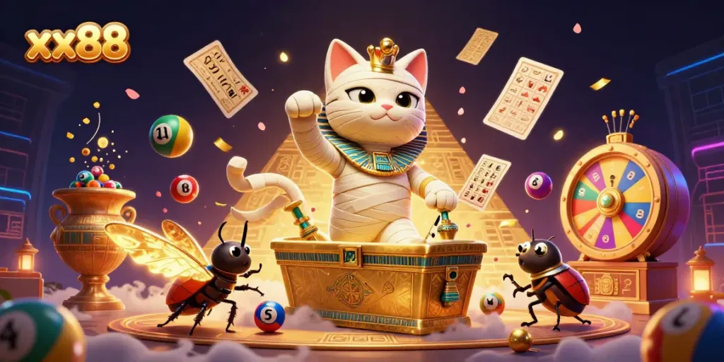Experience vibrant gameplay with xx88 as a mummy cat bursts from a sarcophagus among lottery elements.