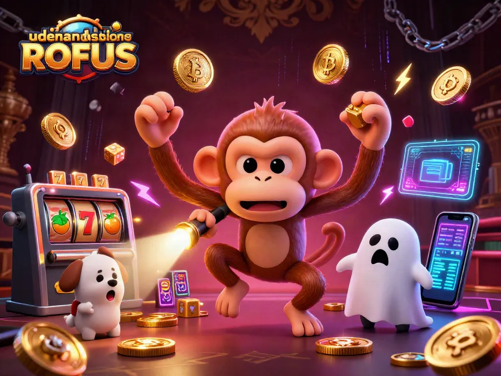 Engage with udenlandske casinoer uden ROFUS through a whimsical illustration of a playful poltergeist monkey juggling casino elements.