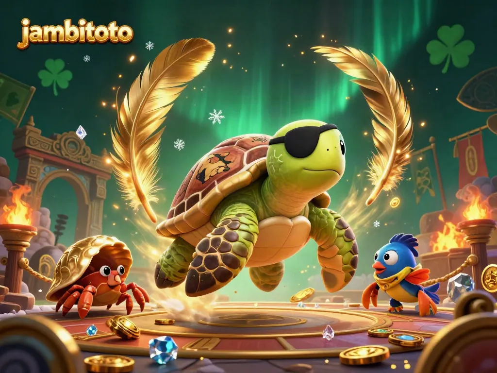 Experience the excitement of winning at jambitoto with a vibrant illustration of a pirate turtle and friends amid whimsical gambling elements.