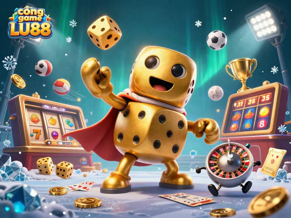 Cổng game LU88 offers a vibrant casino atmosphere with characters juggling dice, reflecting dynamic gaming excitement.