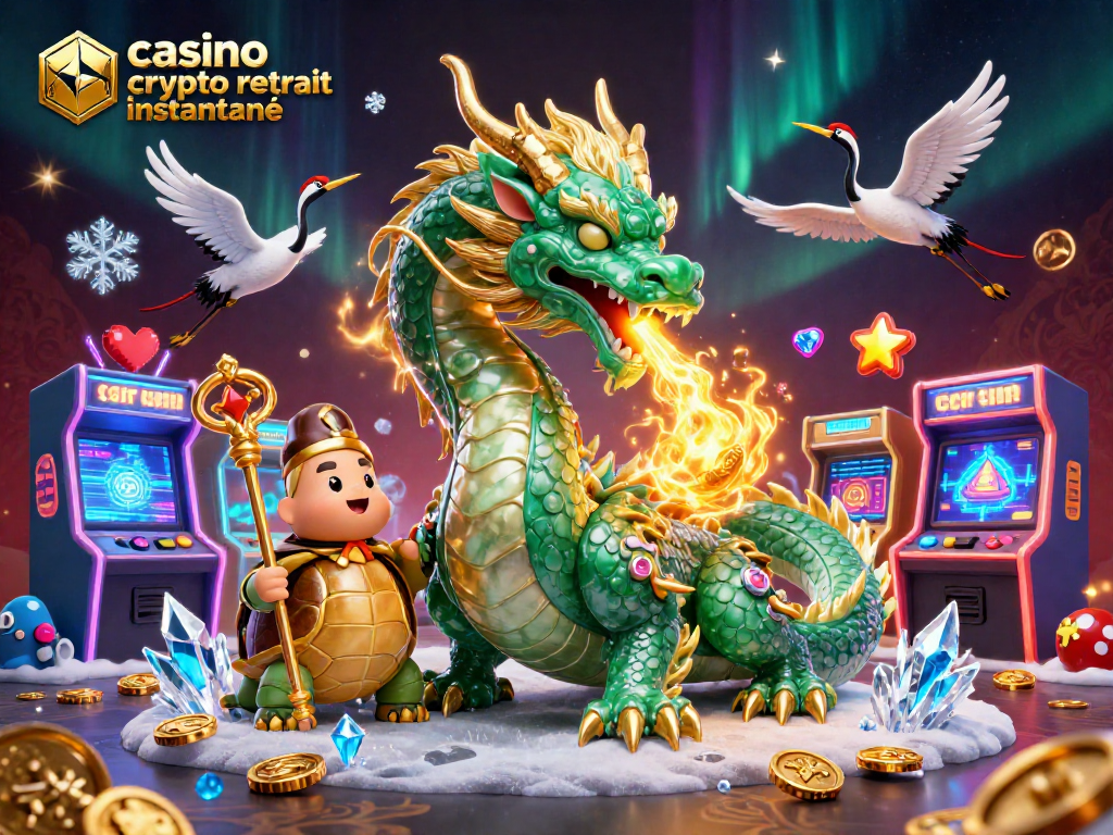 Illustration d'un casino crypto retrait instantané avec un dragon émeraude et des éléments ludiques.