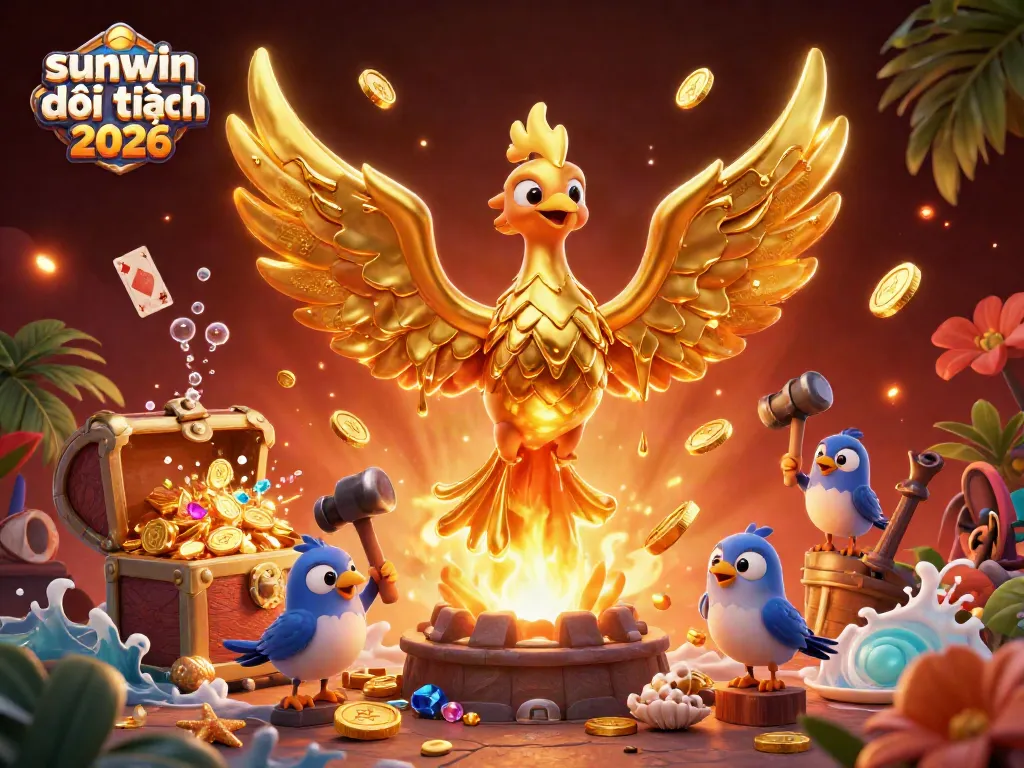Experience thrilling games at Sunwin đổi thưởng 2026, featuring a dynamic golden phoenix and vibrant casino elements.