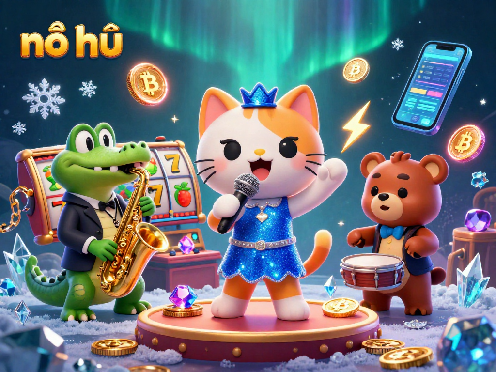 Nổ hũ jackpots shine in a vibrant scene featuring cartoon characters celebrating with slot reels and crypto coins.