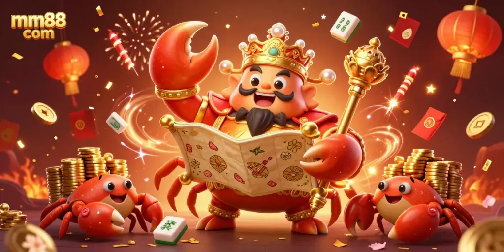 Experience the vibrant mm88 com gaming scene with a golden crab emperor surrounded by treasures and festive elements.