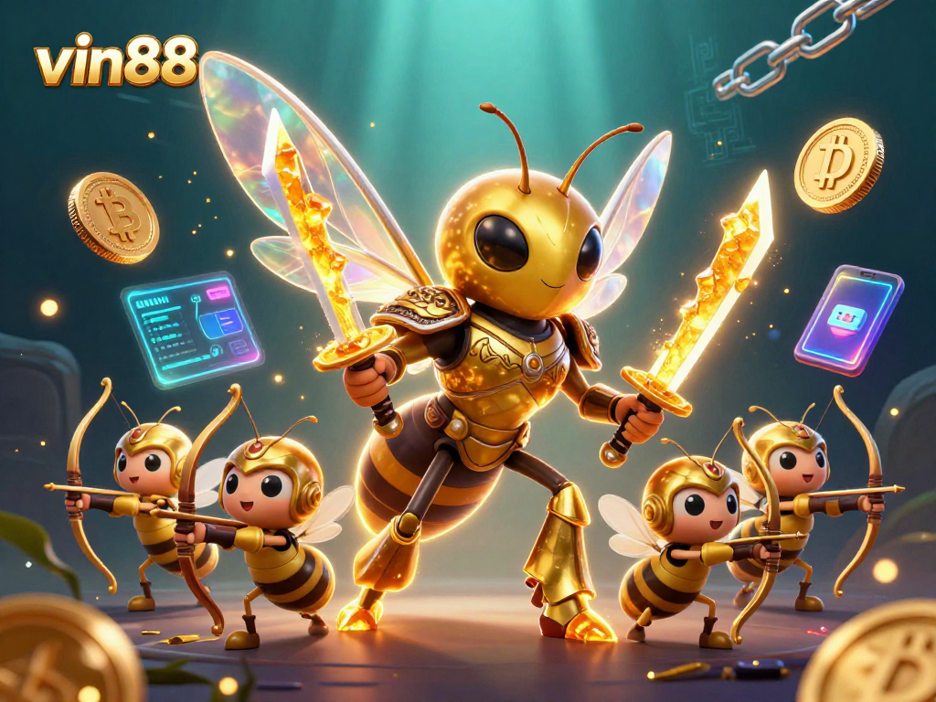Engage with vin88’s vibrant 3D casino scene, showcasing crypto elements and dynamic characters.