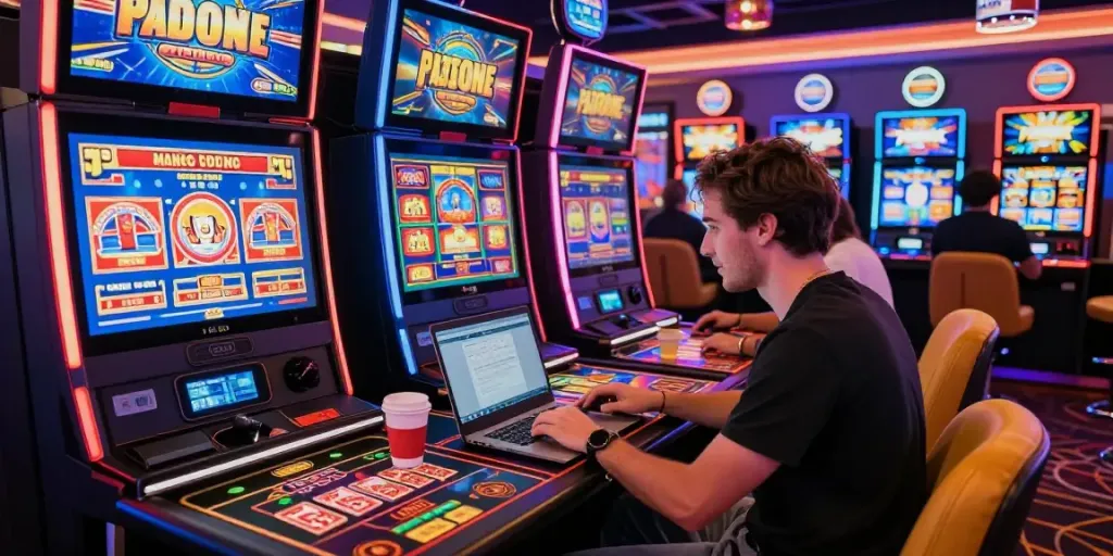 Joueur passionné de casino en ligne sans dépôt entouré de machines à sous animées et de jeux de cartes colorés.