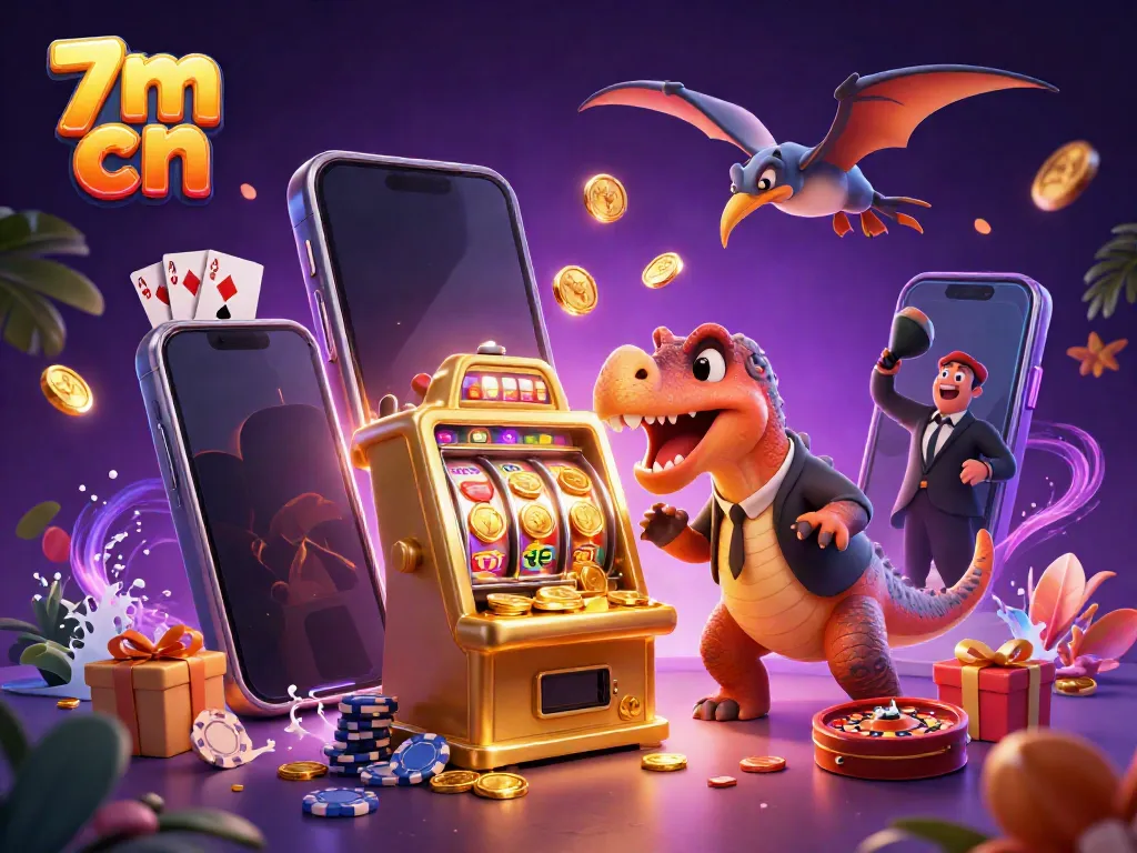 Engage in thrilling casino excitement with 7m cn featuring a vibrant scene of a dinosaur hitting a jackpot!