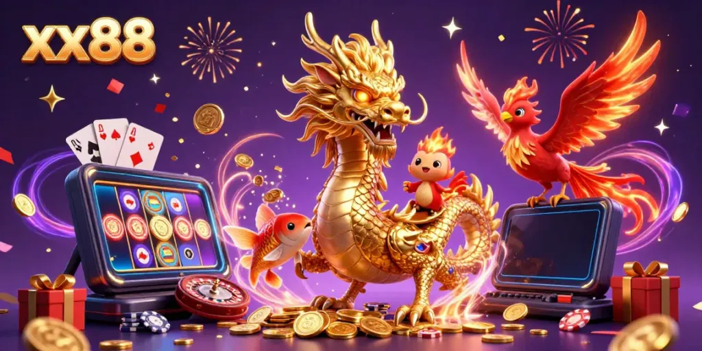 Engage with the xx88 gaming experience presented by a fierce dragon and vibrant characters celebrating success.