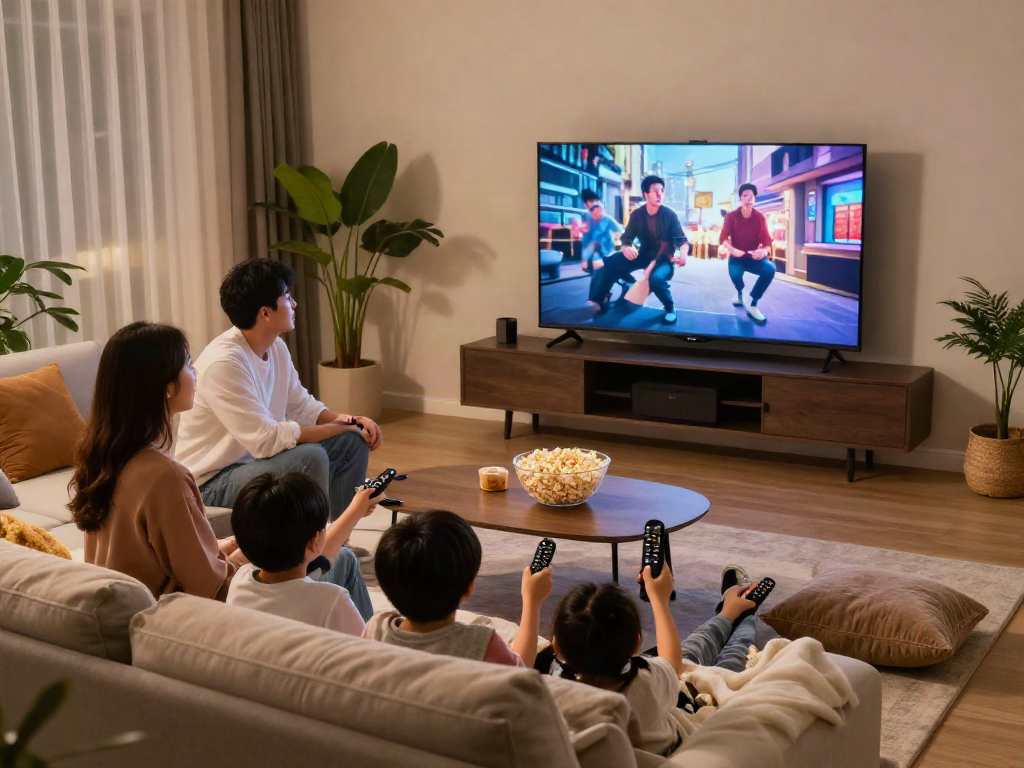 Télévision Iron TV en famille dans un salon chaleureux avec ambiance conviviale.