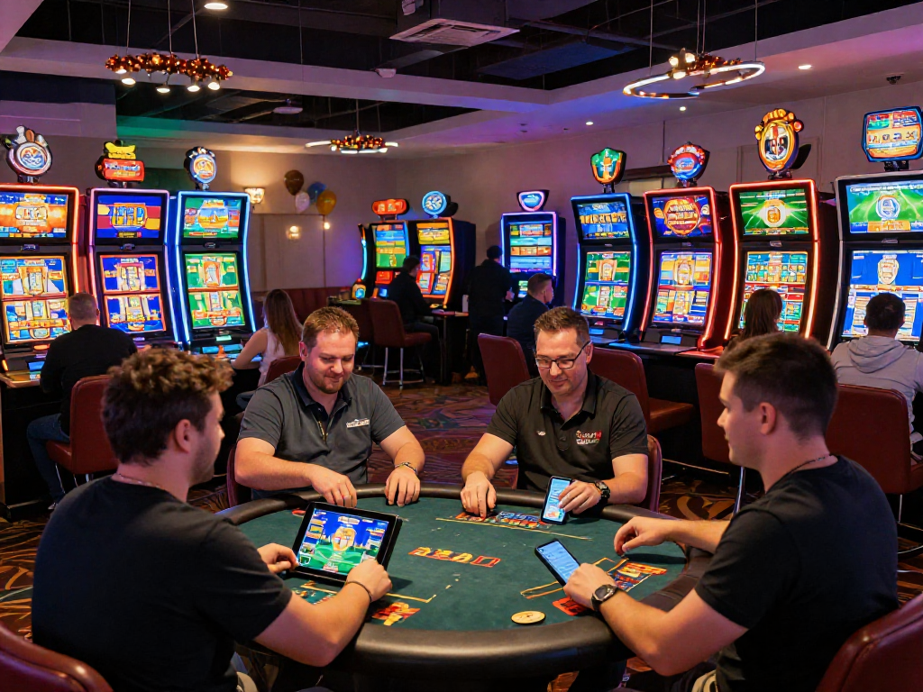Engagement des joueurs dans un casino en ligne, ambiance festive illuminée, jeux variés, moments de victoire.