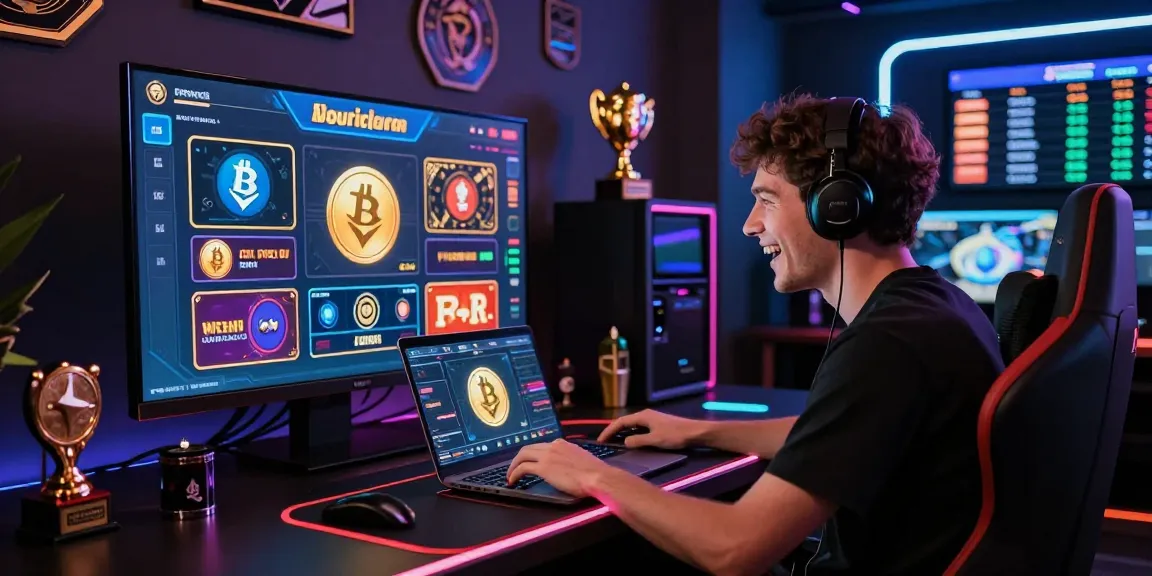 Scène de casino crypto en ligne avec un utilisateur joyeux jouant aux meilleurs casinos crypto, mettant en avant l'interface de jeu et les jeux populaires avec des logos Bitcoin et Ethereum.