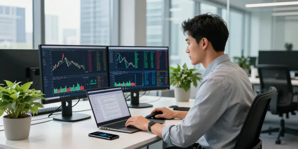 Focused professional analyzing cryptocurrency charts with Rente Lucavie plateforme displayed on dual monitors in a bright office.