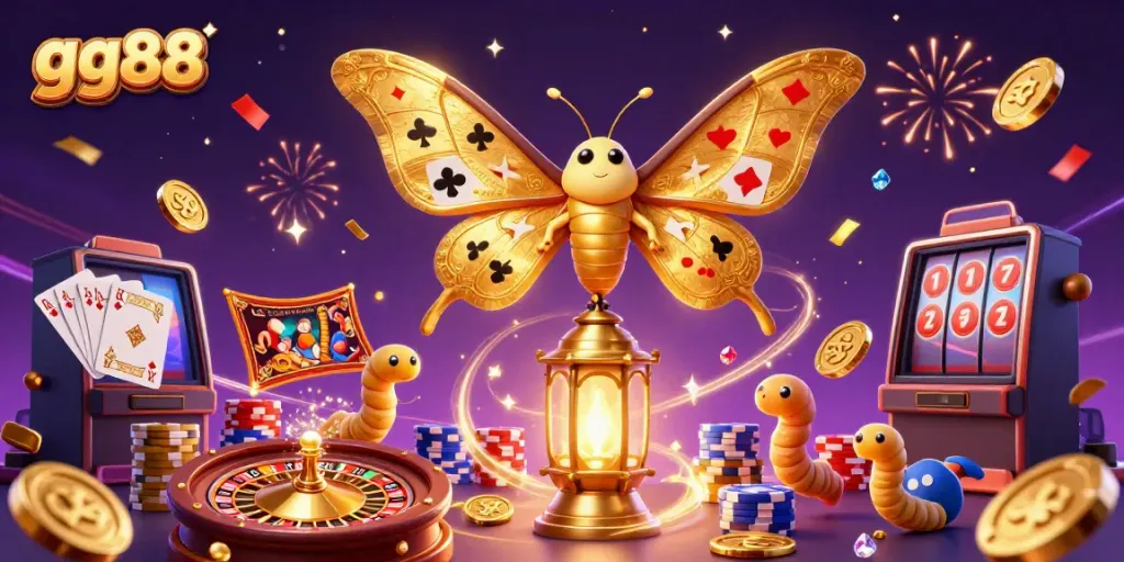Experience the excitement of gg88 with this vibrant 3D casino illustration featuring golden coins and classic games.