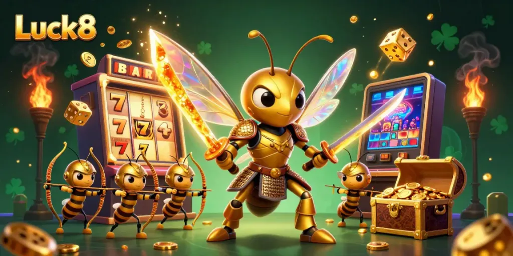 Experience the excitement of Luck8 with dynamic characters and casino elements celebrating winning moments.