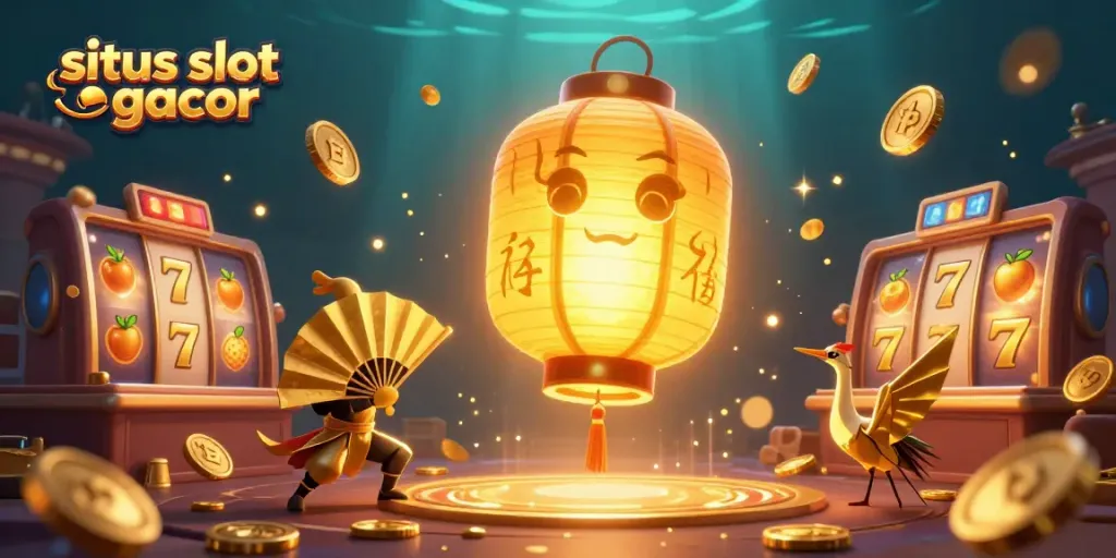 Experience thrilling gameplay with situs slot gacor amidst festive golden lanterns and illuminating characters.