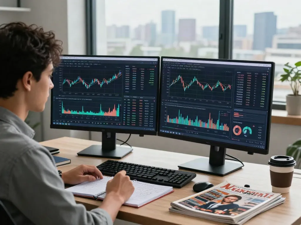 Trader utilisant Couponeau dans un bureau moderne avec des graphiques et des stratégies de marché.
