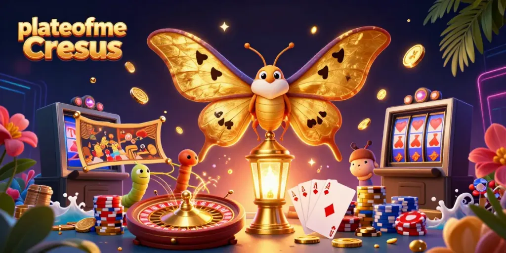 Illustration vibrant de la plateforme Cresus avec des éléments de casino et un papillon de nuit doré.