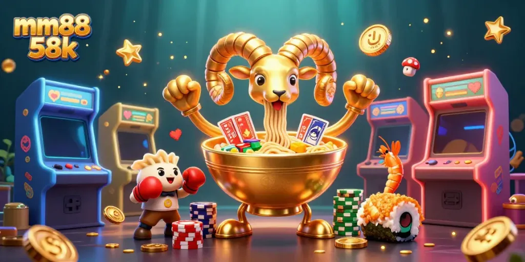 Engage in thrilling gameplay with the mm88 58k brand featuring a colorful 3D casino scene