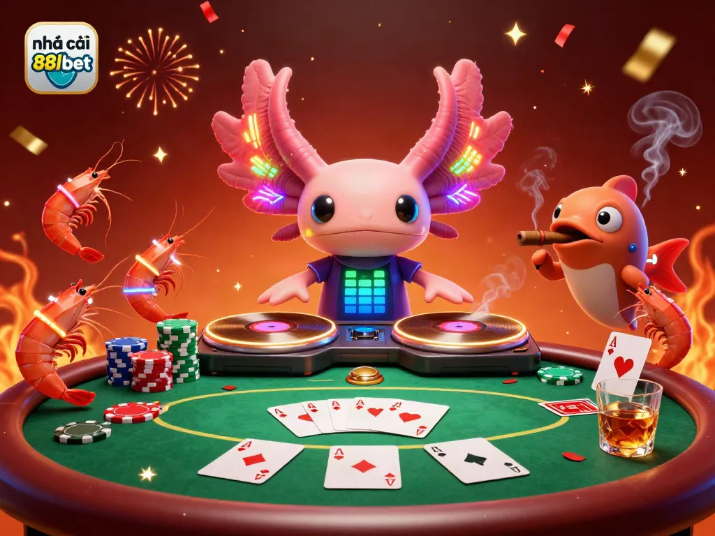 Experience the excitement at nhà cái 88vbet with neon-themed underwater casino vibes, featuring a vibrant axolotl DJ.