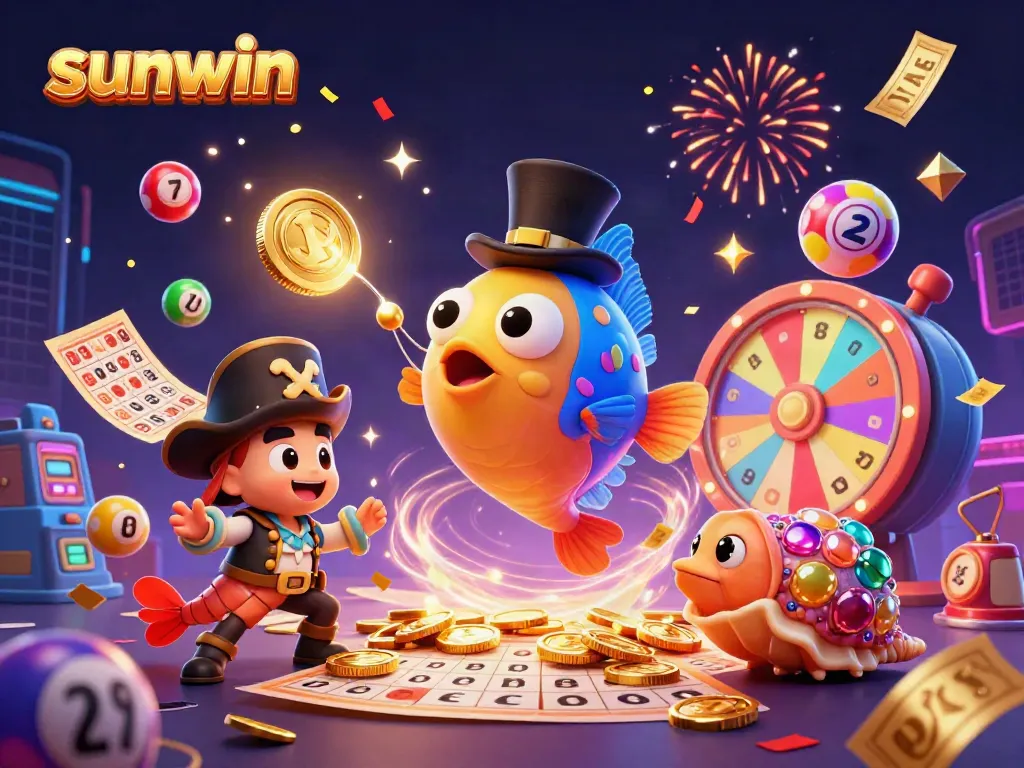 Engage with the thrilling excitement at sunwin with dynamic characters attracting golden coins amidst a vibrant casino scene.