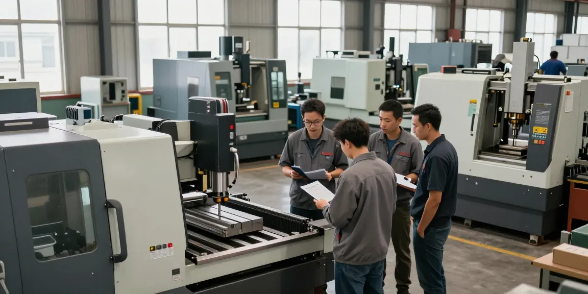 Experts evaluating Gebrauchtmaschinen in a busy warehouse showcasing CNC tools and hydraulic presses.