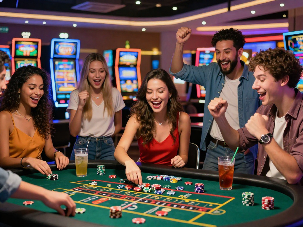 Casino en ligne le plus payant, ambiance festive avec joueurs heureux autour d'une table de roulette, éclairage dynamique et jeux variés en arrière-plan.
