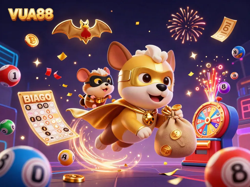 VUA88's exciting gaming adventure illustrated as a superhero dog carries gold coins amidst colorful lottery elements.