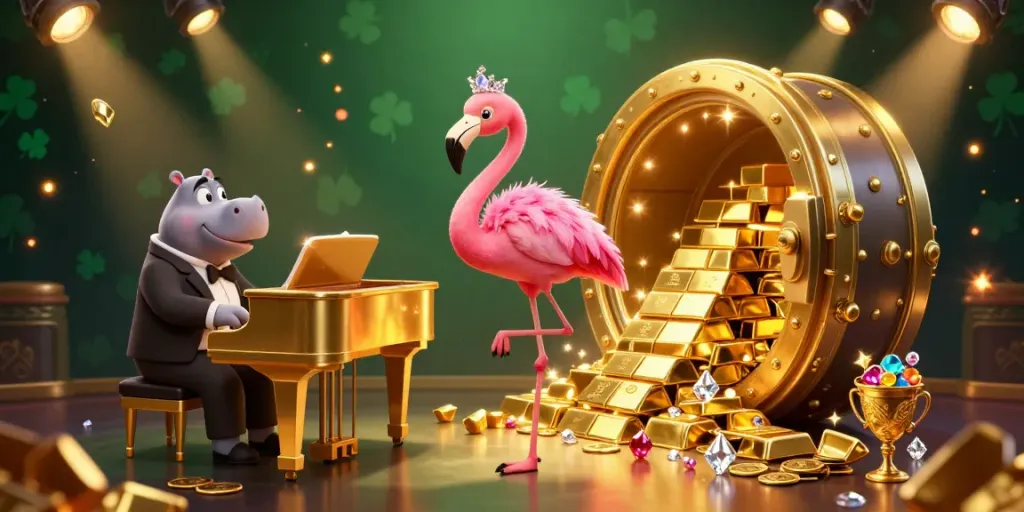 Engage in exciting gaming with gg88 as a flamingo singer dazzles at the piano surrounded by treasures.