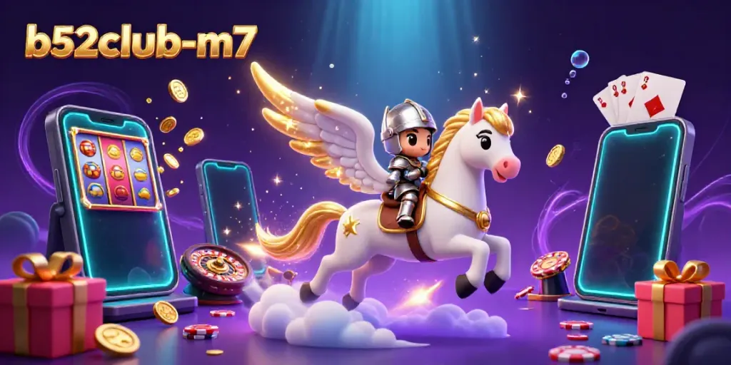 Experience thrilling gameplay at b52club-m7 with a celestial knight and vibrant casino elements!