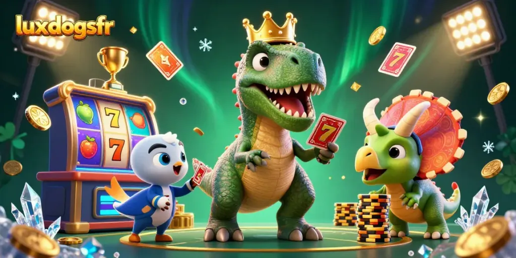 Engage in thrilling casino action at luxdogsfr with playful dinosaur characters amidst vibrant game elements.