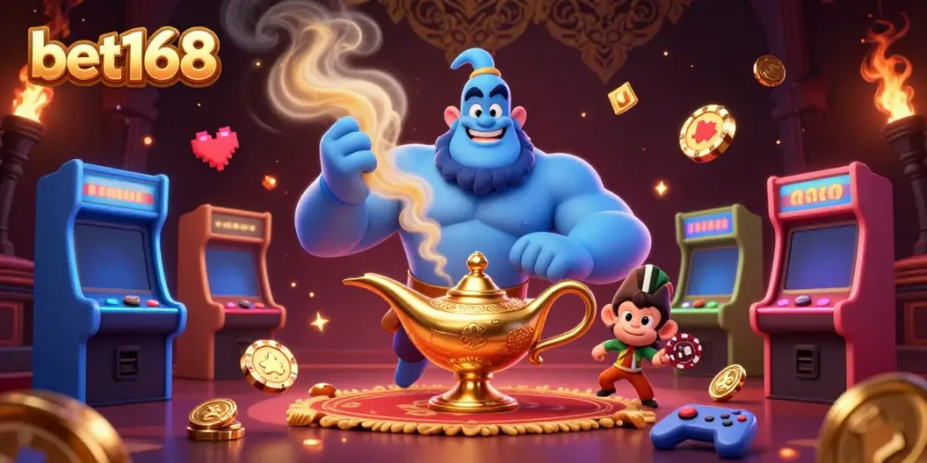 Experience the excitement at bet168 with a magical casino scene featuring genie and monkey characters surrounded by vibrant gaming elements.
