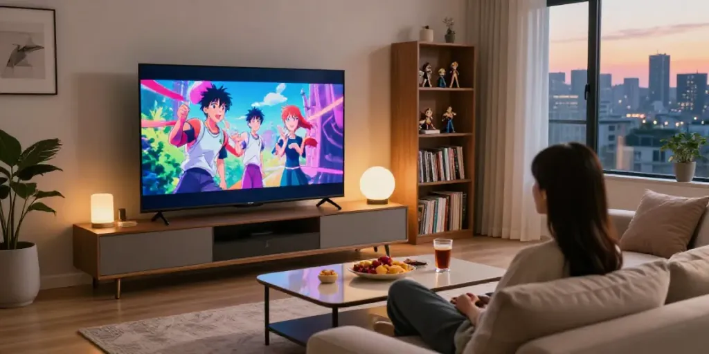 L'application Senpai Stream en utilisation dans un salon moderne, offrant un accès gratuit à l'animation.