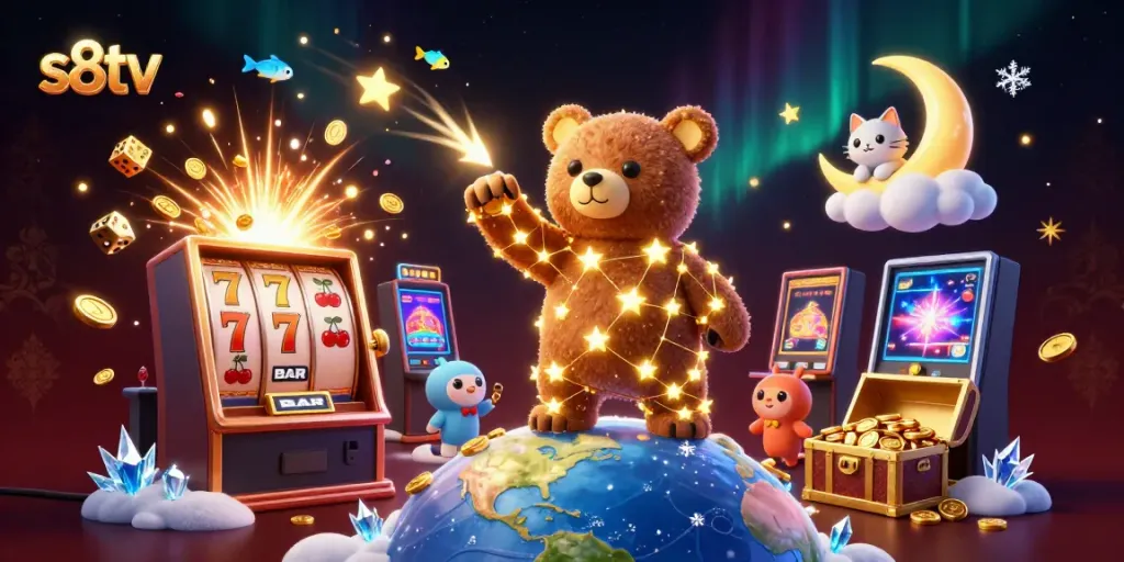 Scoop up coins in a dazzling S8TV casino scene with a constellation bear and vibrant symbols.