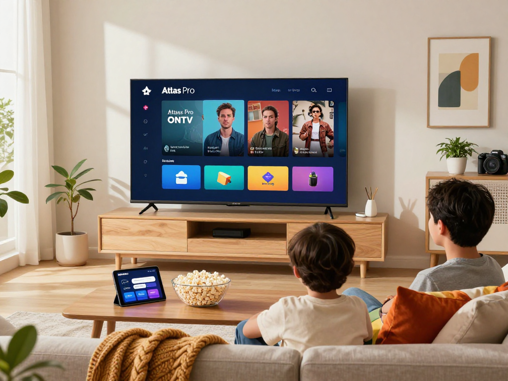 Expérience de divertissement familial avec l'application Atlas Pro sur écran de télévision.