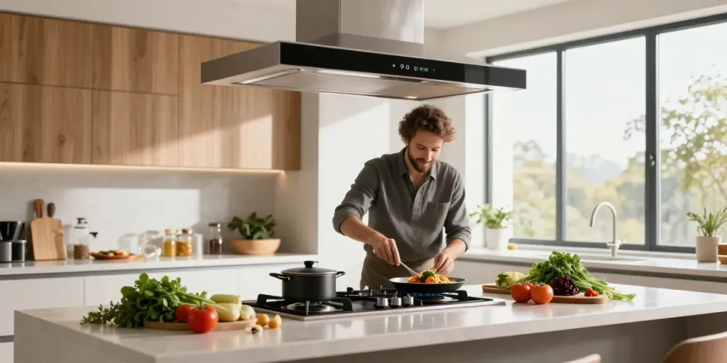Hotte aspirante 90 cm au-dessus d'une plaque de cuisson avec un cuisinier préparant un plat gourmet.