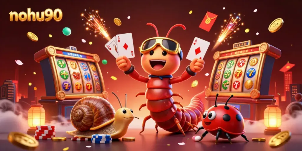 Engage with nohu90's vibrant casino scene featuring a cartoon millipede dealer, high-roller snail, and dynamic game elements.