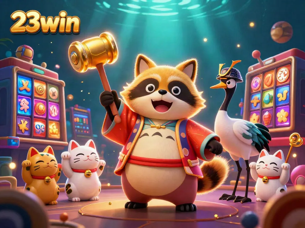 Engage in thrilling slots at 23win while cheerful tanuki celebrates with lucky symbols.