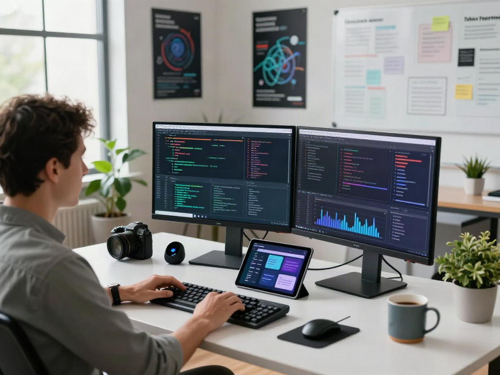 Scène dynamique d'un ingénieur logiciel utilisant l'Atlas pro ontv dans un bureau moderne, affichant des codes et des analyses.