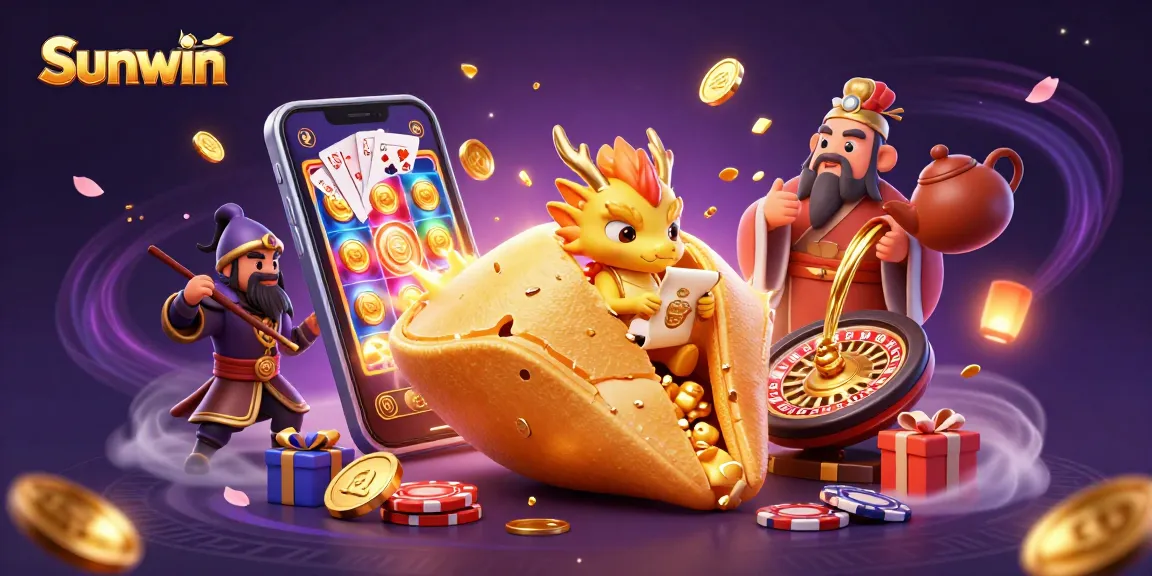 Engage with Sunwin's vibrant casino scene filled with animated characters, fortune cookies, and dynamic gaming action.