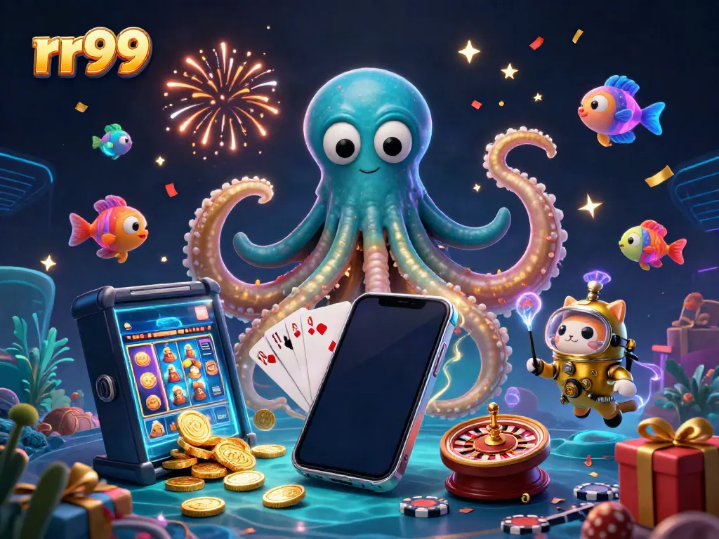 Win big with the rr99 online casino in a vibrant underwater scene featuring a colossal kraken and diving cat.
