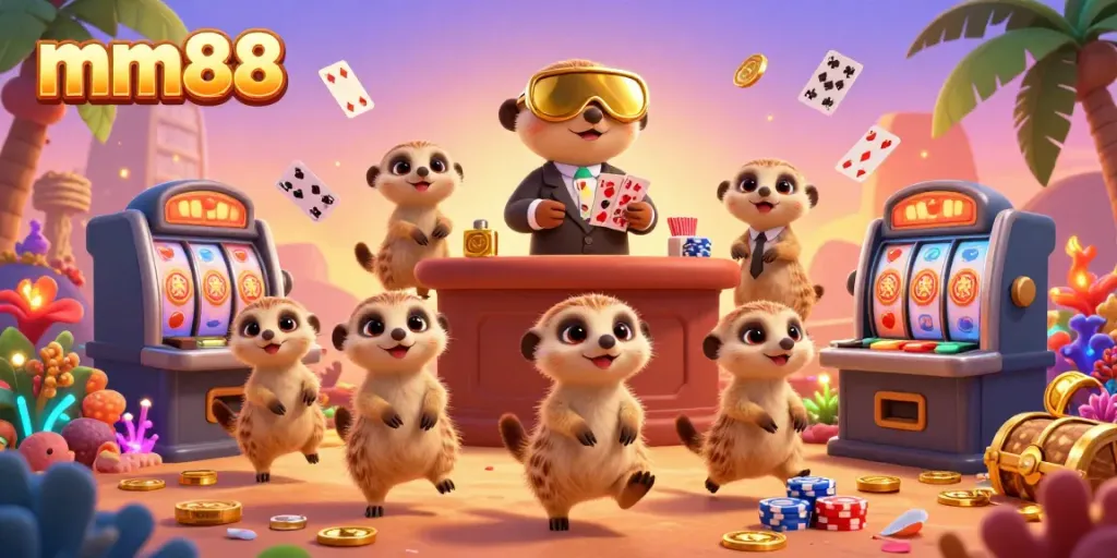 Experience excitement with mm88's meerkat-themed casino scene showcasing gaming action and vibrant visuals.