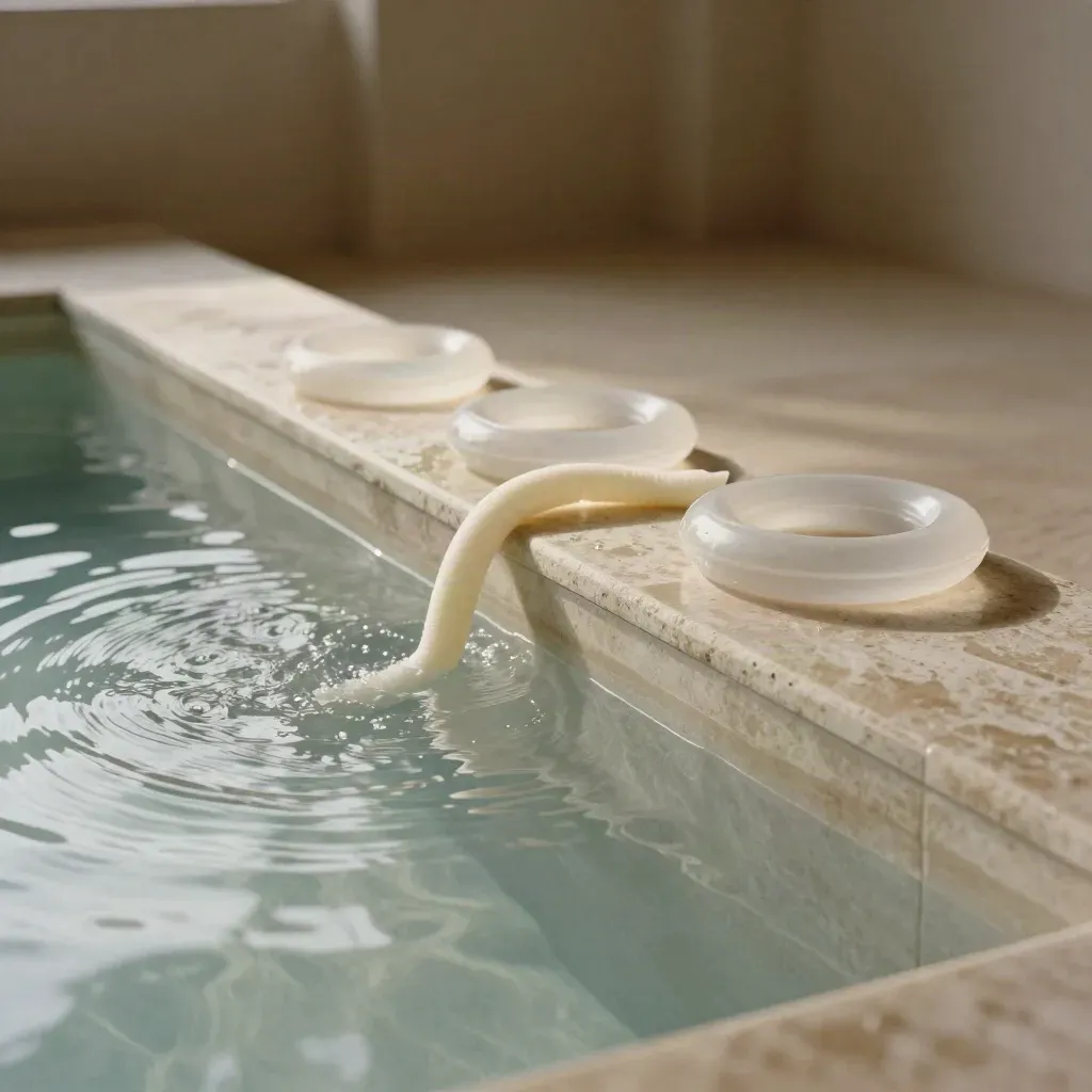 Entrée peu profonde avec anneaux en mousse, marche large et frite flottante dans une piscine.