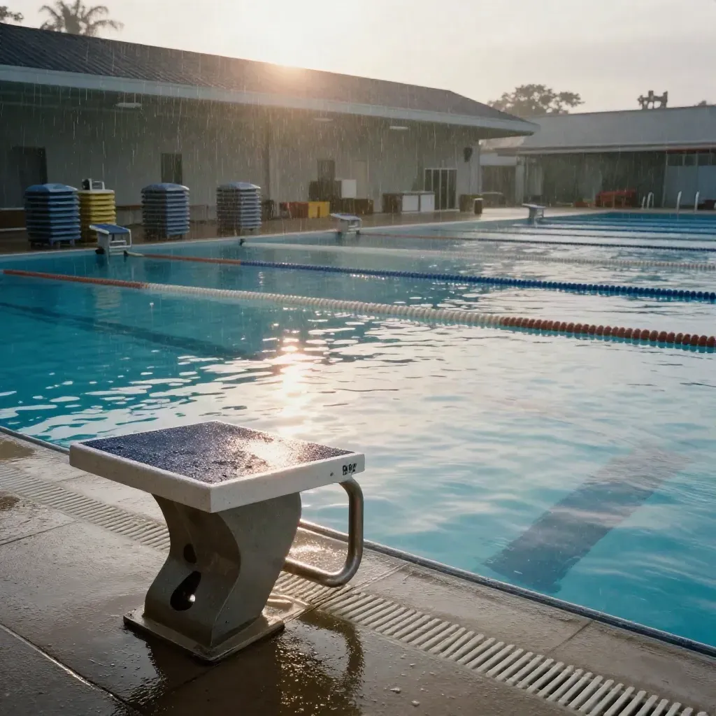 Piscine d’entraînement vide au petit matin, lignes d’eau, plots mouillés, brume et reflets.